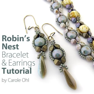 May include: A pair of drop earrings and a matching bracelet featuring round and teardrop-shaped beads in shades of blue, purple, and cream, accented with metallic bronze beads. The text reads: Robin's Nest Bracelet & Earrings Tutorial by Carole Ohl.
