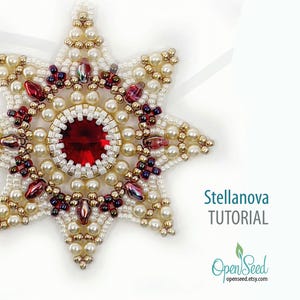 May include: A star-shaped beaded ornament with a central red jewel and surrounding pearls. Accented with smaller red and gold beads. The text "Stellanova TUTORIAL" is visible in the image.