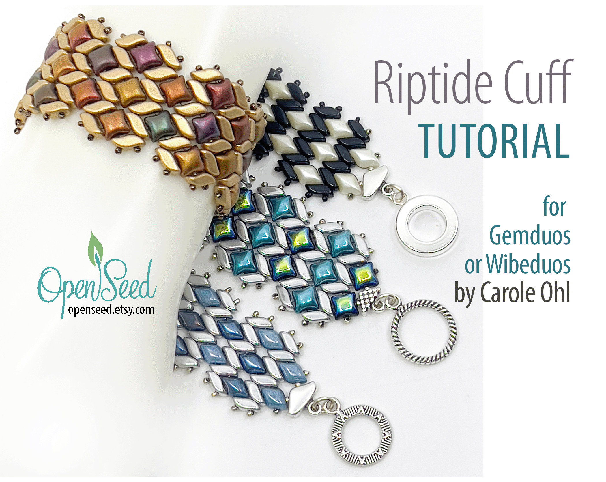 Riptide Cuff DIY Bead Weaving Tutorial for Jewelry Making using Stormduos or Waves, Gemduo orWibeduo beads, by Carole Ohl