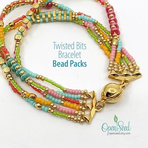 May include: A multi-strand bracelet with colorful beads in shades of pink, orange, green, and turquoise, accented with gold-colored rectangular and round beads. The bracelet has a gold magnetic clasp. Text on the image reads "Twisted Bits Bracelet Bead Packs."