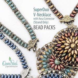May include: Close-up of several beaded necklaces in shades of blue, teal, and bronze. The necklaces feature intricate designs and are labeled "SuperDuo V-Necklace" with "BEAD PACKS" text. The website "openseed.etsy.com" is also visible.