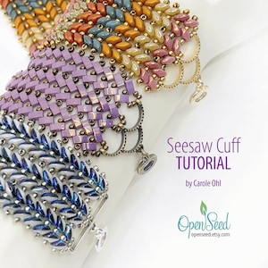 May include: Close-up of three beaded cuff bracelets in various colors: blue, lavender, and a mix of orange, yellow, and pink. The bracelets are intricately designed with small beads and feature decorative clasps. Text on the image reads "Seesaw Cuff TUTORIAL by Carole Ohl."