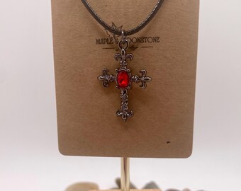Dark Ruby Red Antiqued Silver Cross Crucifix Gothic Victorian