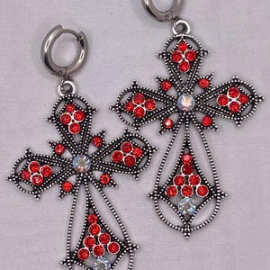Red Gothic Cross Huggie Earrings, Latin Cross hoops, red rhinestone cross earrings, vampire gothic huggie hoops.  Made in Canada.