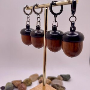 Openable Acorn Earrings, Secret Compartment Wooden Huggie Jewelry