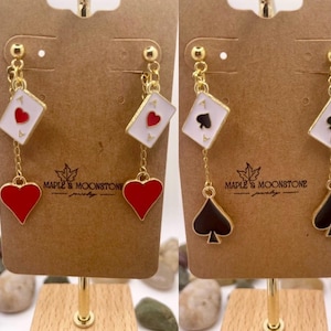 Boucles d'oreilles pendantes à l'avant et à l'arrière des cartes à jouer, As de pique, As de coeur, Boucles d'oreilles de poker uniques, Cadeau sur le thème du casino pour les joueurs