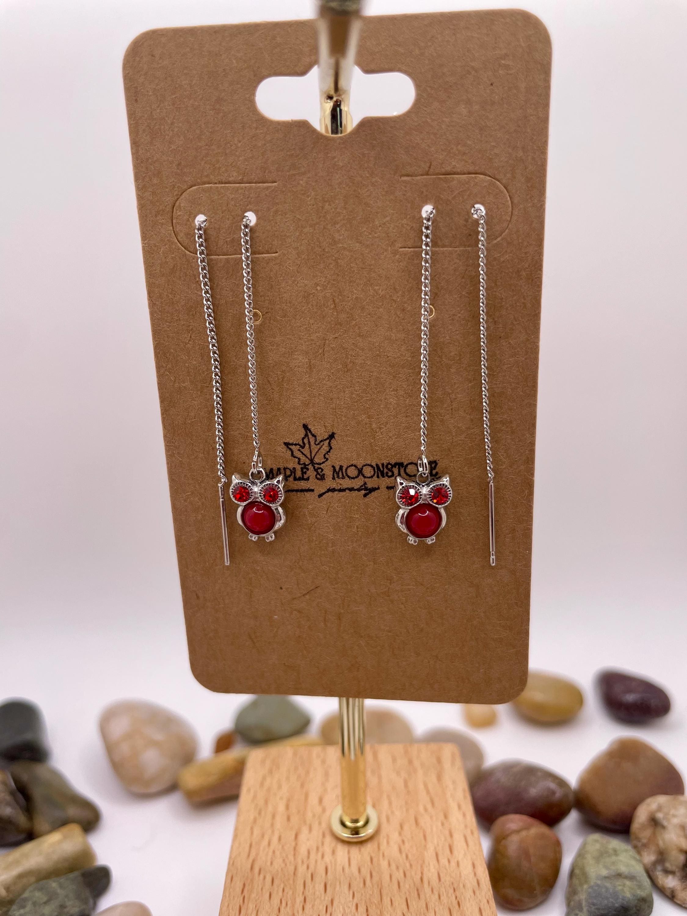 Red Jasper Owl Threader Earrings, Stainless Steel, Nature Inspired Jewelry