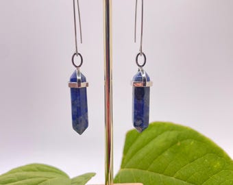 Blue Sodalite Dangle Earrings, Stainless Steel V-Wire, Geometric Stone