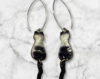 Sterling Silver Cat Earrings: Gray and White Metal Charm, Dangle Tail