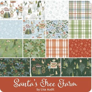 May include: A collection of Christmas-themed fabric patterns. Designs include snowflakes, plaid, and illustrations of Santa's Tree Farm with trees, animals, and a sign. The color palette features greens, reds, and blues, perfect for holiday crafts.