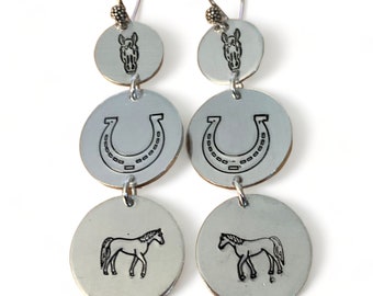 Stamped Horse Earrings | Horse Earrings | Tiered Horse Earrings