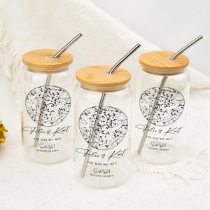 Vaso de cristal con mapa estelar personalizado, taza de café helado de 16 oz con tapa y pajita, lata de cristal para regalo de pareja, regalo personalizado con cita de Night Sky