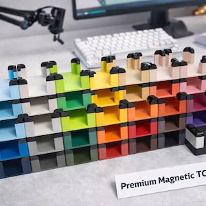 Puede incluir: Un sistema de almacenamiento modular multicolor con estantes, perfecto para organizar cartas coleccionables. El sistema se compone de varios colores, incluyendo azul, verde, amarillo, naranja, rojo y morado. El texto "Premium Magnetic TCG Sortstar" es visible.