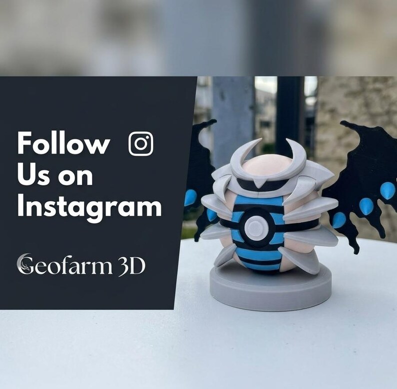 May include: A 3D printed figurine featuring a spherical body with blue and black horizontal stripes, encased in grey pointed armor plates. It has black wing-like appendages with blue accents and stands on a circular grey base. Text reads Follow Us on Instagram Geofarm 3D.