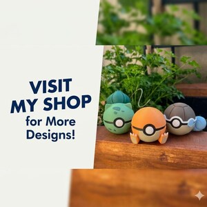 May include: Three spherical figurines featuring character-inspired designs in green, orange, and brown. The text VISIT MY SHOP for More Designs! is displayed on the left side. The figurines have circular center details and small protruding limbs.