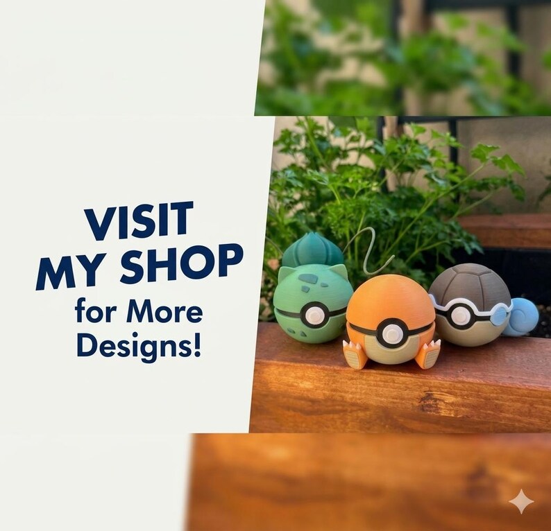 May include: Three spherical figurines featuring character-inspired designs in green, orange, and brown. The text VISIT MY SHOP for More Designs! is displayed on the left side. The figurines have circular center details and small protruding limbs.