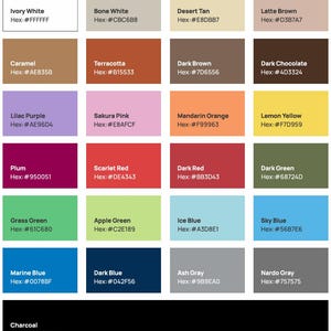 Pu&ograve; includere: Una tavolozza di colori con 25 campioni di colore con i loro nomi e codici esadecimali. I colori includono bianco avorio, bianco osso, caramello, terracotta, marrone scuro, lilla, rosa sakura, prugna, rosso scarlatto e altro.