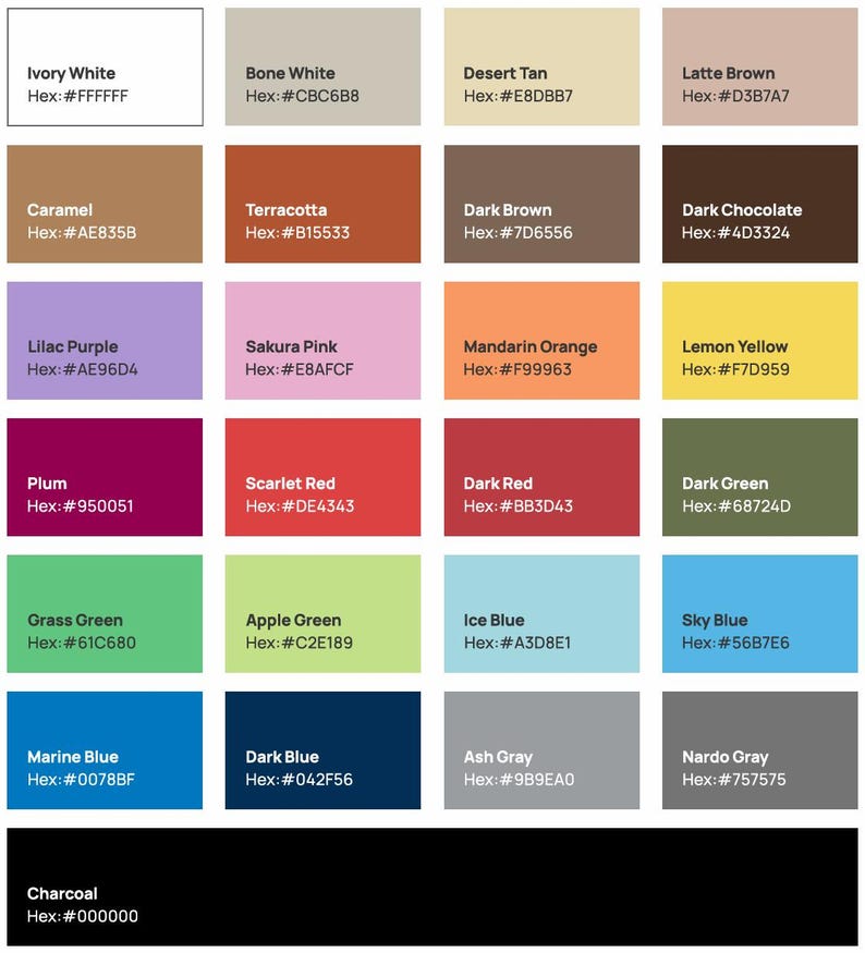 Pu&ograve; includere: Una tavolozza di colori con 25 campioni di colore con i loro nomi e codici esadecimali. I colori includono bianco avorio, bianco osso, caramello, terracotta, marrone scuro, lilla, rosa sakura, prugna, rosso scarlatto e altro.