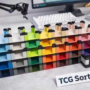 Puede incluir: Un sistema de estanterías modular multicolor con una variedad de colores, incluyendo azul, verde, amarillo, naranja y morado. Cada estante tiene detalles en negro. El texto "TCG Sortstar" es visible en un letrero blanco.