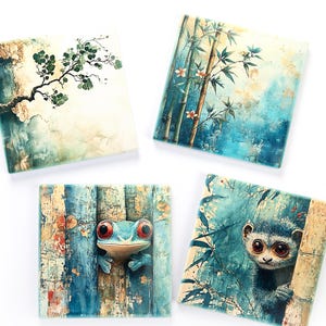 May include: A set of four square coasters featuring artistic illustrations. One shows a tree branch, another bamboo stalks, the third a blue frog peeking through wooden slats, and the fourth a small primate peering from behind bamboo.