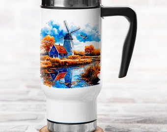 Metal Thermal mug, Retro Style Blue Art Drinkware