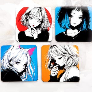 Anime Girl Drink Coasters - Perfect for  Anime Lovers, - Set of 4