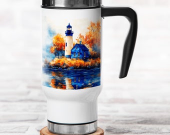 Metal Thermal mug, Retro Style Blue Art Drinkware, Vintage Lighthouse