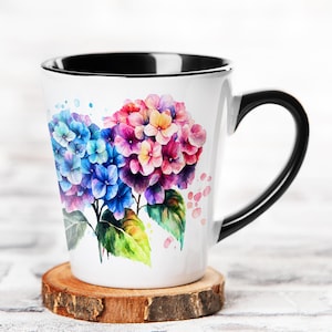 Hydrangea Flower Mug: Ceramic Latte Cup with Black Interior