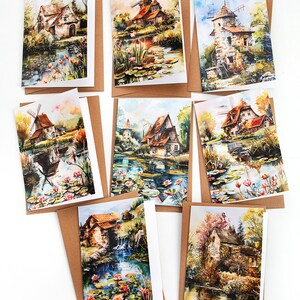 Tarjetas con escenas campestres - Paquete de 8, diseño de acuarela, sobres Kraft incluidos, juego de cumpleaños