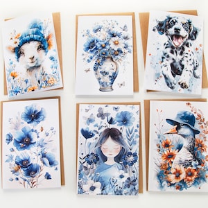 Set di biglietti d'auguri con acquerello blu - Biglietti vuoti con simpatici animali e fiori