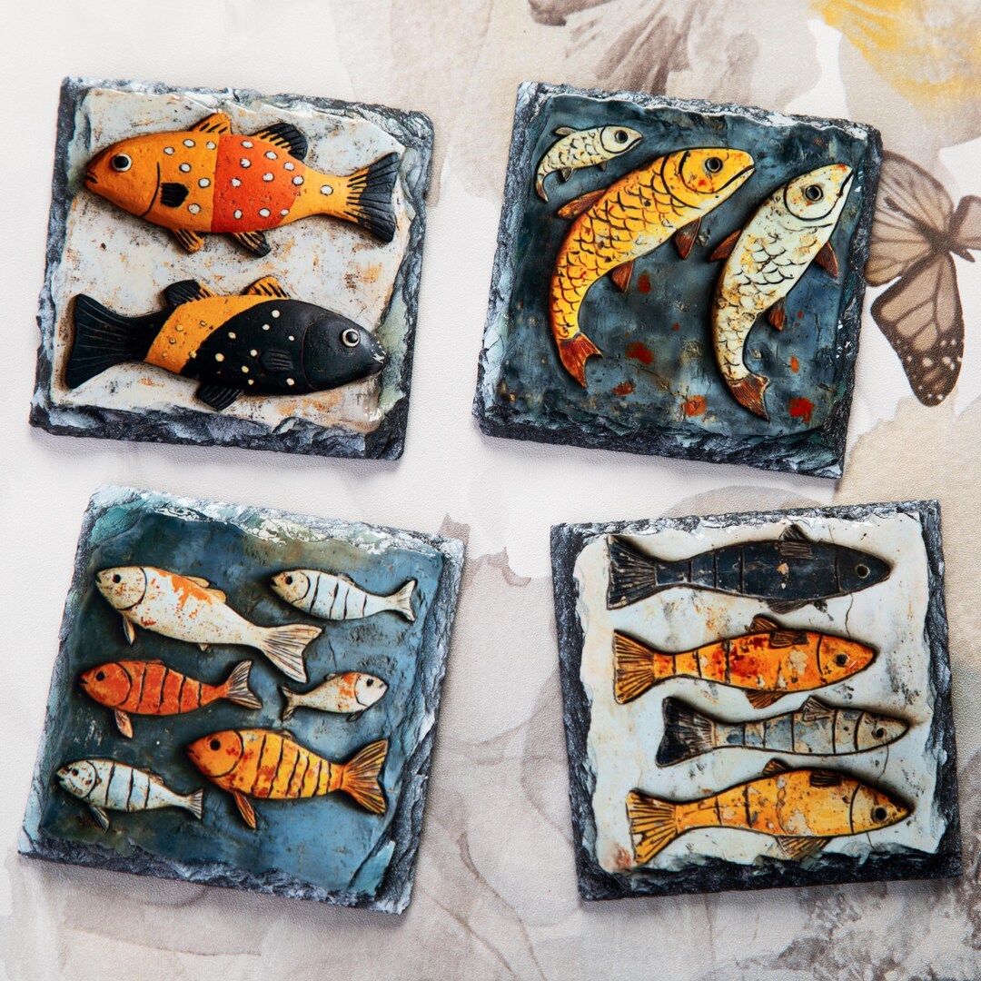 Sea Life Fish Stone Slate Coasters – Handcrafted Set of 4 Art Coasters ...