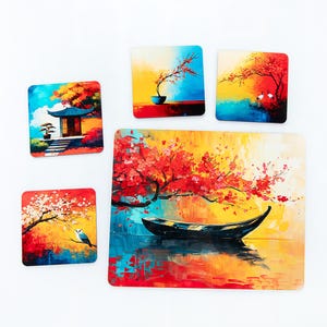 Japanese Landscape Placemat & Coaster Set: Artistic Table Decor
