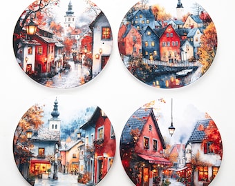 Set of 4 Ceramic Coasters, Cozy Old Town Street Art, Cottagecore Fall Decor