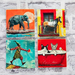 Surreal Ceramic Coaster Set: Whimsical Animal Art, Set of 4