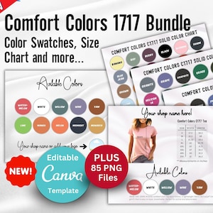 Plantilla de tabla de colores y tallas Comfort Colors 1717, tablas editables en Canva para maquetas de camisetas CC1717, descarga digital para listados de POD