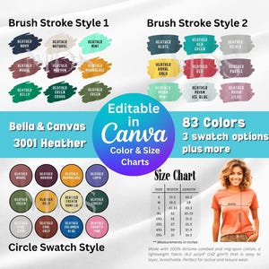 Tabla de colores Bella Canvas 3001 Heather para impresión bajo demanda. 3 opciones de muestra de color. Plantilla Canva para maqueta. Descarga instantánea.