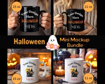 Halloween Mug Mockup Bundle Set of 4 Black White 15 oz 11 oz Halloween Mockup Background Print on Demand Mockup for Instant Download