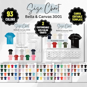 Tabla de colores y tamaños editable Bella Canvas 3001 para impresión a pedido 2 opciones de tabla de tamaños Plantilla Canva para modelos de maqueta Descarga instantánea