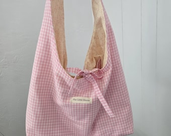 Slouchy shoulder bag | pink gingham tote bag | Handmade in US