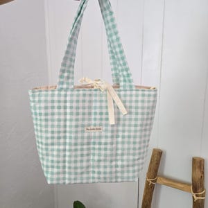 Quilted cotton shoulder bag | Blue green gingham | Handmade in US