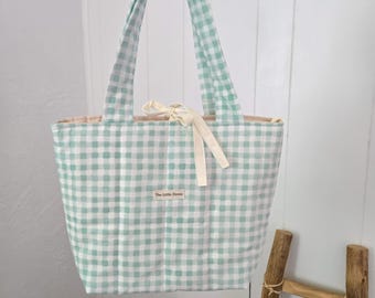 Quilted cotton shoulder bag | Blue green gingham | Handmade in US