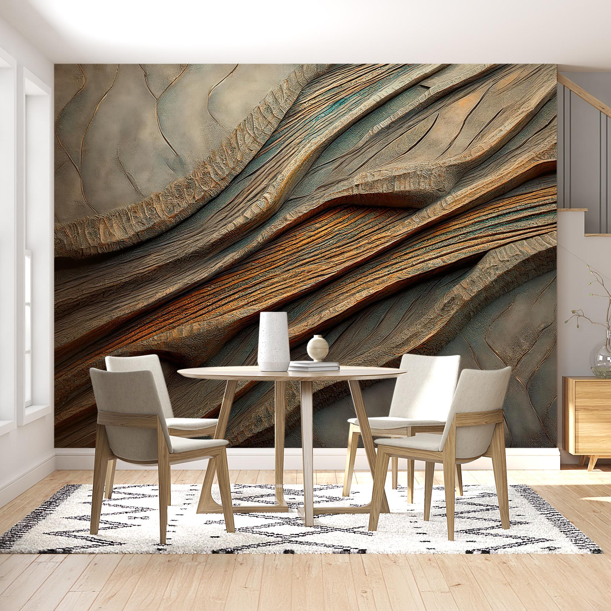 Abstract Natural Texture Mural - 3D Layered Rock Wood Effect Wallpaper - Earthy Modern Decor