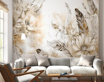 Soft Ethereal Feather Mural - Neutral Abstract Floral Wallpaper - Boho Chic Beige Brown Decor