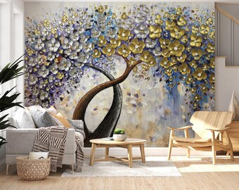 Textured Blossom Tree Mural - Gold & Purple Intertwined Trees Wallpaper - Abstract Impasto Art