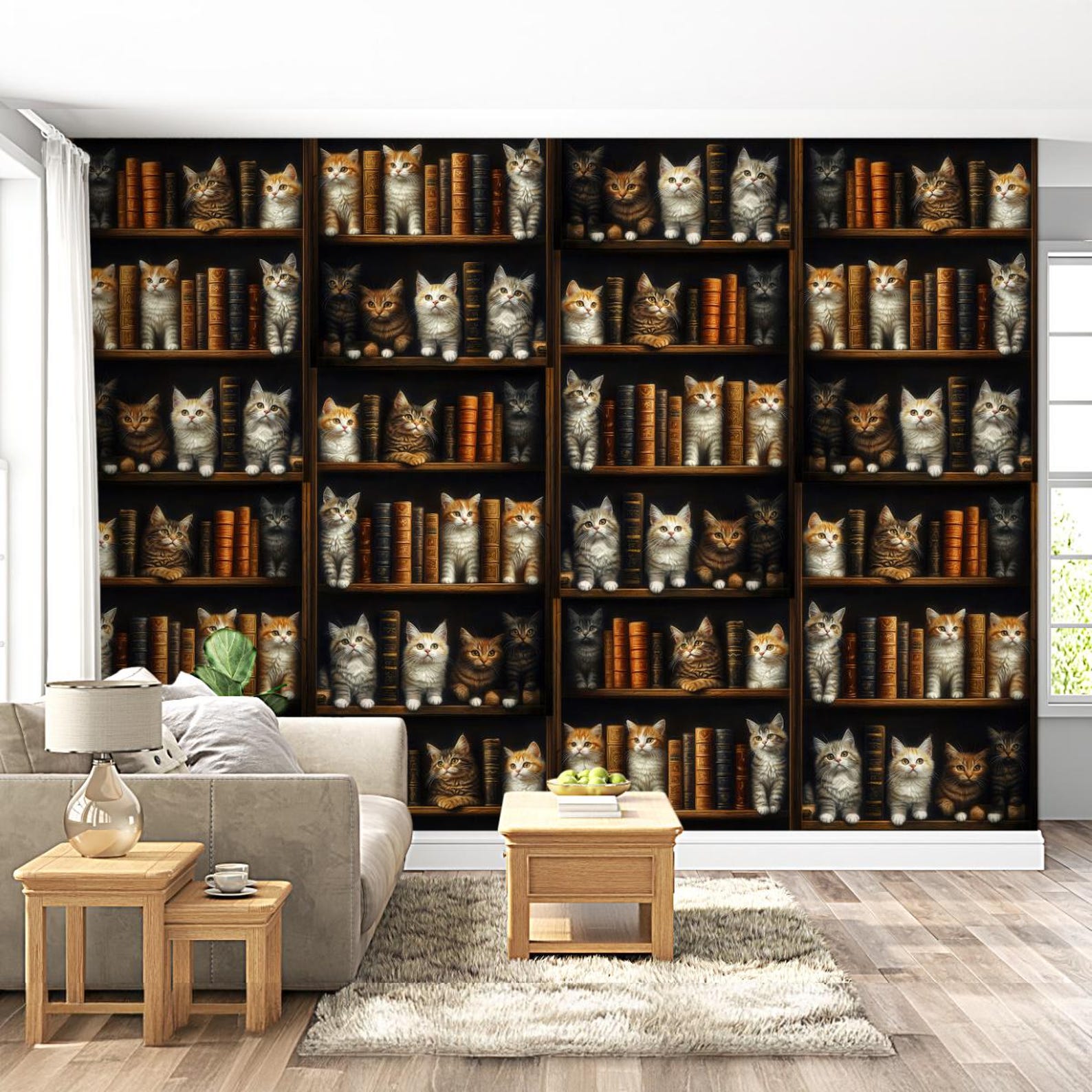 Cats on Bookshelf Wallpaper Mural: Cozy Library Scene - Etsy