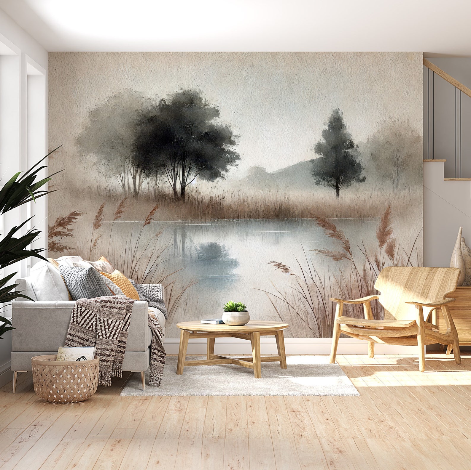 Misty Lake Wall Mural - Atmospheric Watercolor Landscape Wallpaper ...