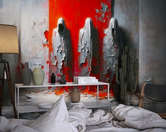 May include: A bedroom interior with a white bed and white bedding. The wall behind the bed features a large abstract painting of three figures in white robes against a red background. The painting has a distressed, textured look. There is a cactus plant and a small table with vases and books in front of the painting.