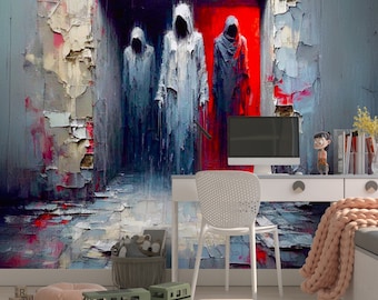 May include: An abstract wall mural featuring three hooded figures in a dark, textured doorway. The figures are in shades of white and gray against a red backdrop. The mural is part of a child's room decor.