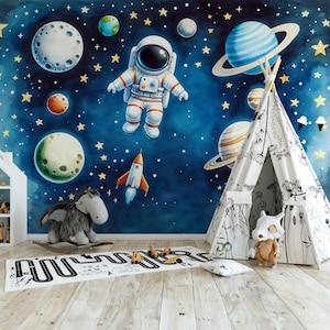 May include: A child's bedroom with a space-themed mural featuring planets, stars, and an astronaut. A white teepee tent with floral designs stands near a rug with a road design. A rocking horse and stuffed animal are also present.