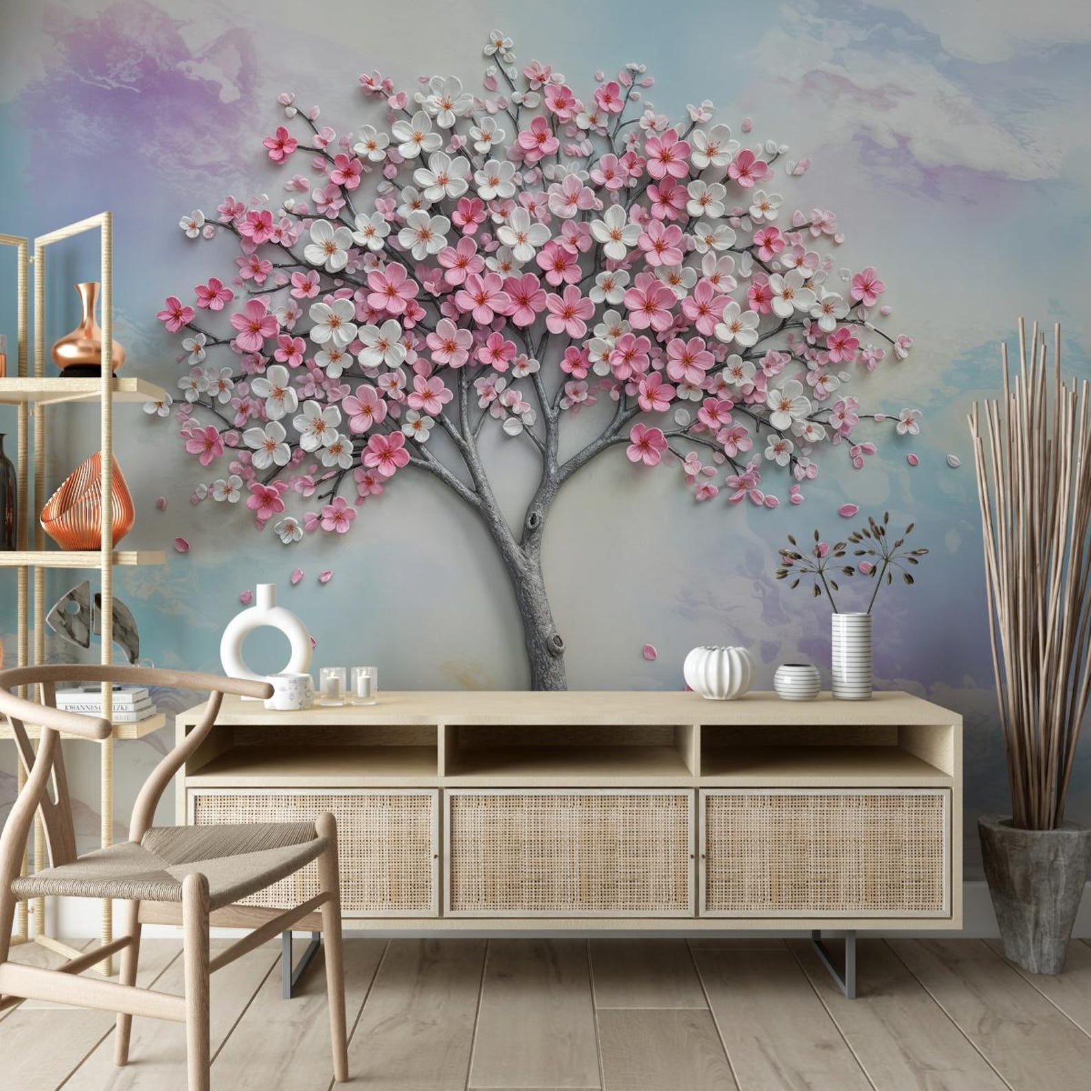 3D Cherry Blossom Tree Wall Mural: Pink Sakura Floral Wallpaper - Etsy